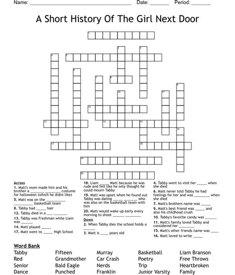 Feb 13, 2021 · clue. Enter Clue. Select Length. For multiple-word answers, ignore spaces. E.g., YESNO (yes no), etc. Find Answer. Girl next ___ Crossword Clue. We have …